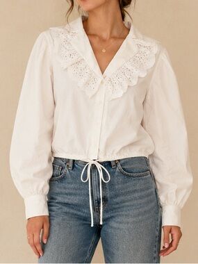 Zara White Eyelet Ruffle Collar Balloon Sleeve Boho Cropped Cotton Blouse Size L